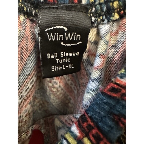 Win-Win Bell Sleeve Off Shoulder Chevron Print Multi Colored Tunic Blouse L/XL - Picture 3 of 7